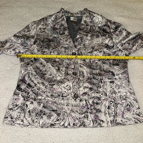 Chicos XL (Sz 3) Silk Blend Blazer Jacket White Black Purple Abstract Womens EUC - Picture 8 of 12